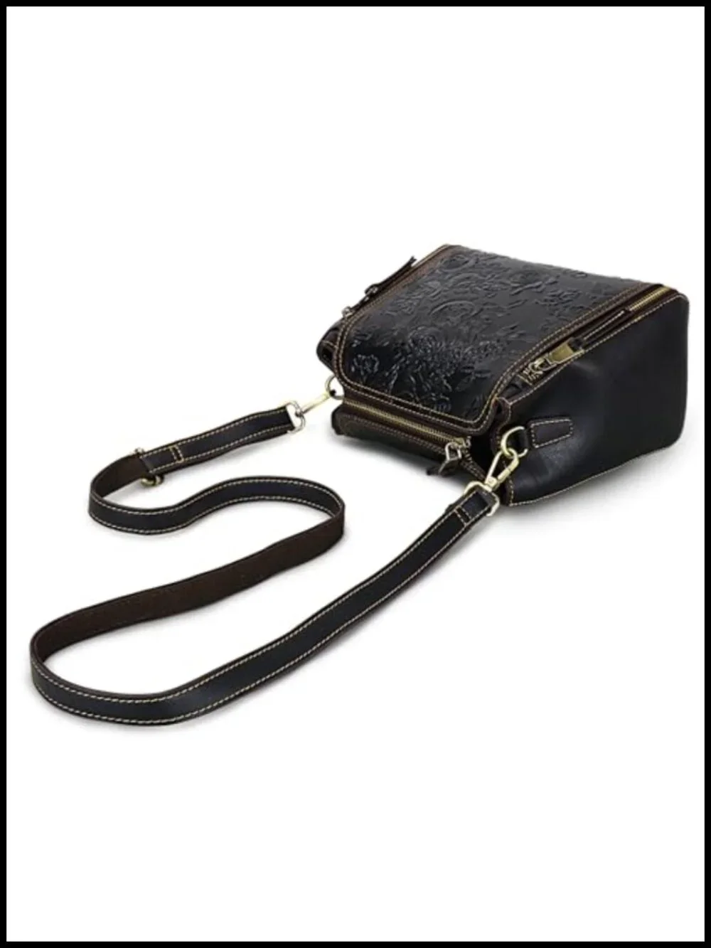 Vintage Embossed Leather Crossbody Satchel Tote - Adjustable Strap